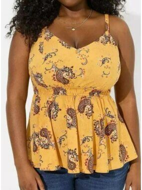 Torrid Tak Top Yellow Paisley Print Sleeveless Babydoll Top Plus Size Size 4